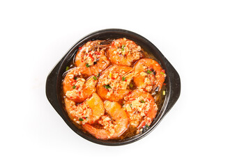 Garlic Shrimp Dish in Black Pan Isolated on White Background