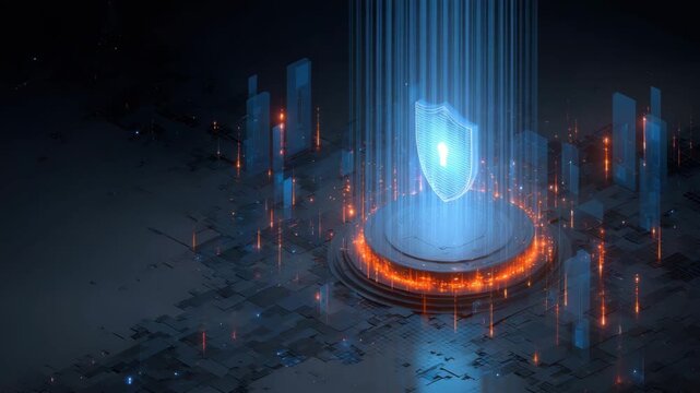 Futuristic shield cybersecurity digital protection with glowing blue light, data technology innovation, virtual defense, abstract network, secure system, encryption, illuminated cityscape, data safety