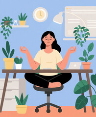 Fototapeta premium Young woman sitting at her office desk with a laptop, meditating in a lotus position, with a stylized plant next to her