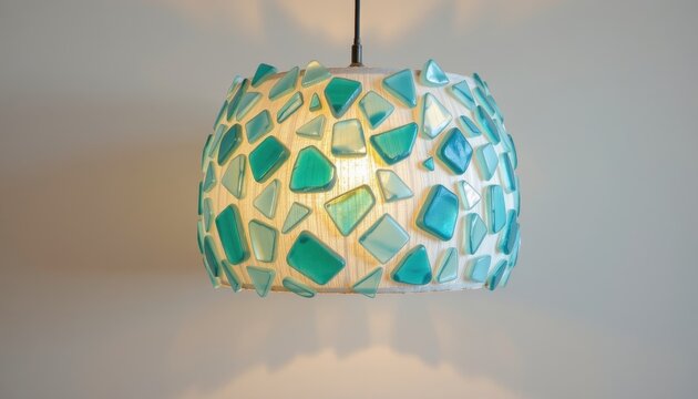 upcycled lampshade designed from sea glass shards, showing sleek futuristic style, suitable for daily lifestyle, shown on seamless white with crisp detail.