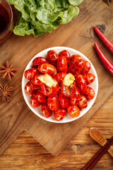 Fresh Cooked Crawfish with Tails in Bowl on Wooden Board with Spices and Vegetables