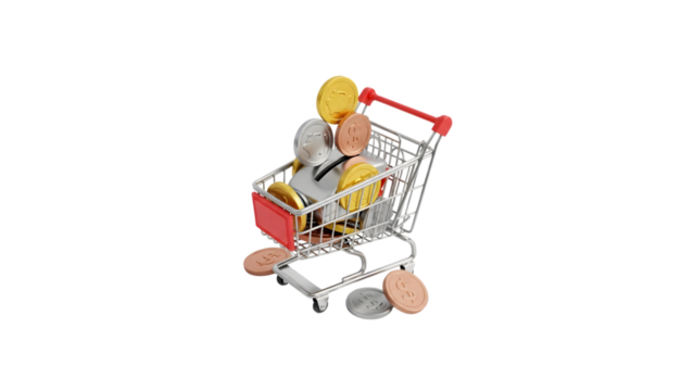 A miniature shopping cart filled with various coins on a black background in a studio setting