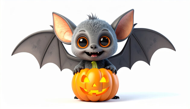 Cute 3d cartoon zombie baby bat with pumpkin, white background