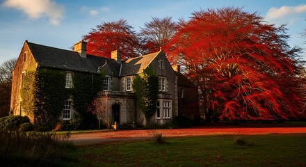 Obraz premium An old stone manor house covered in ivy, surrounded by vibrant autumn trees