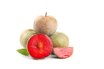 Fresh Red Plums from Fujian Orchard - Ripe Stone Fruit with Vibrant Red Flesh on White Background