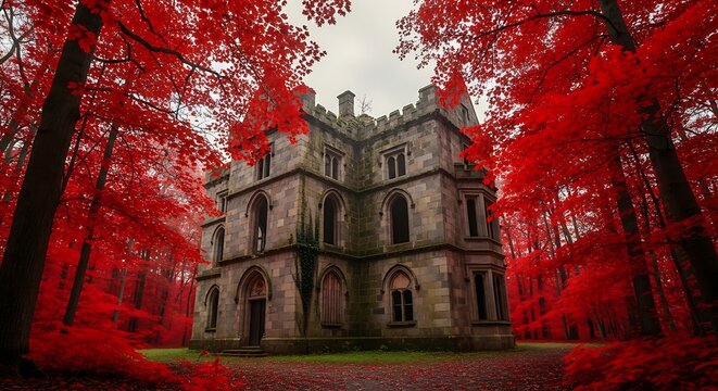 Abandoned gothic mansion surrounded by vibrant red autumn trees in a forest setting