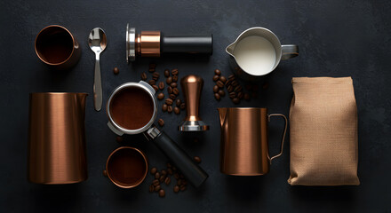 Flat lay of coffee preparation tools, including a portafilter, tamper, milk pitcher, spoon, coffee beans, and a bag, arranged on a dark surface.