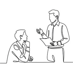 Two people in a conversation one presenting information