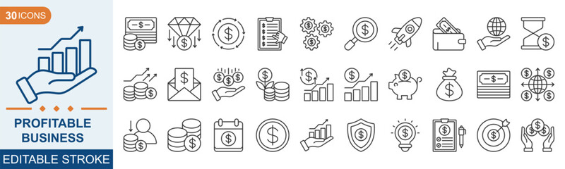 Profitable business icon collection set. Containing profit, revenue, income, sales, margin, cash flow, capital, asset icon. Simple line vector