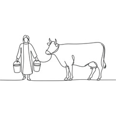 Farmer milking a cow with buckets in a simple line drawing