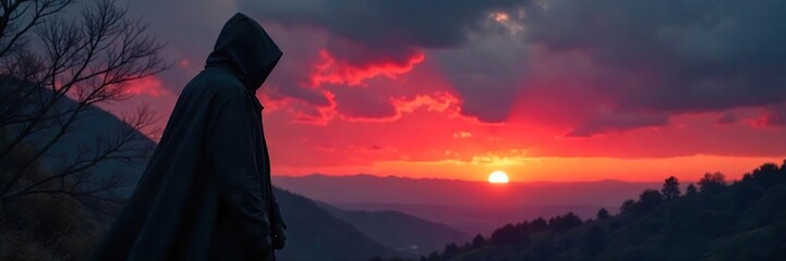 Fototapeta premium Silhouette of a cloaked figure at twilight, shrouded in mystery and intrigue, hinting at secrets and hidden agendas A sense of danger and suspense permeates the scene , covert, shadow