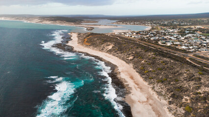 Drone pictures of Kalbarri,  a coastal town in the Mid West region located 592 km (368 mi) north of...