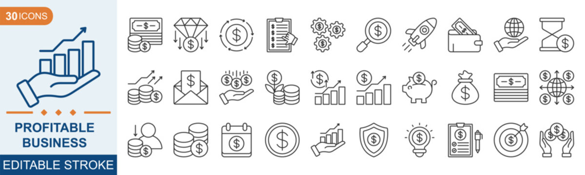 Profitable business icon collection set. Containing profit, revenue, income, sales, margin, cash flow, capital, asset icon. Simple line vector
