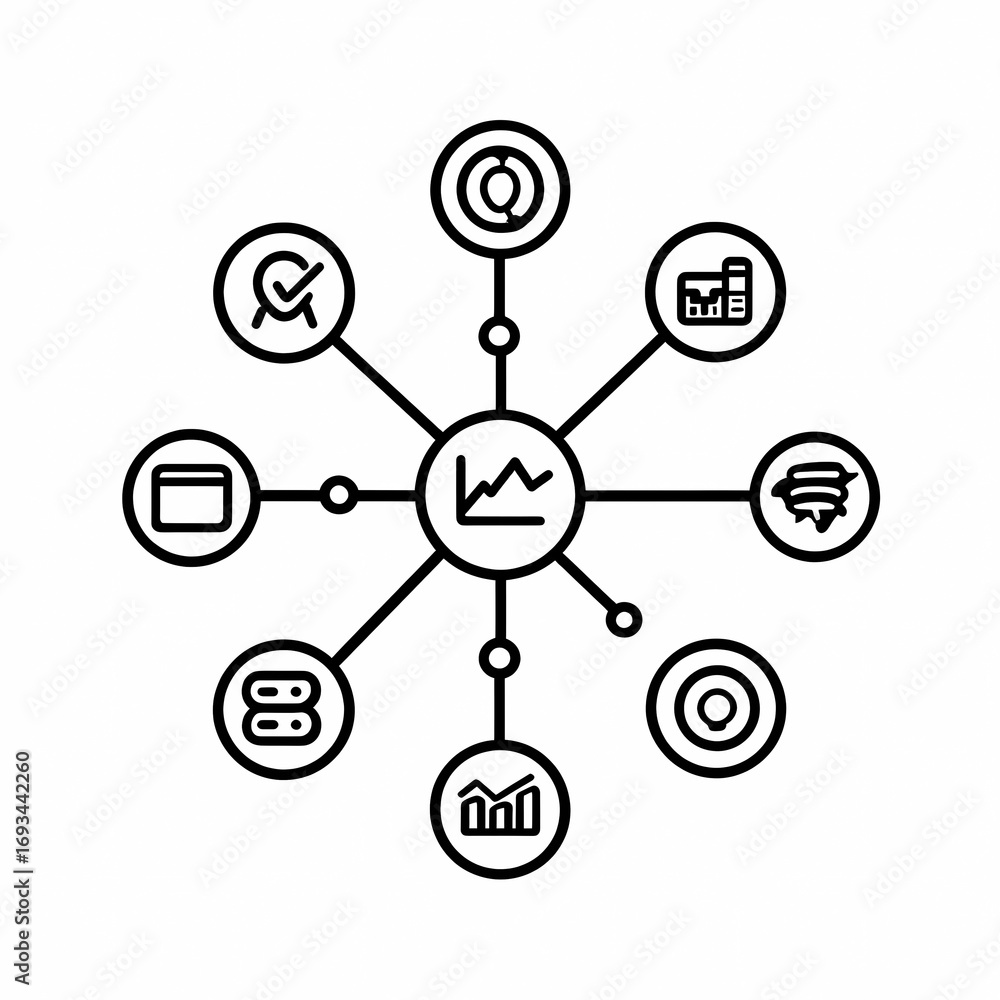 Poster line art diagram showing data analytics and business intelligence icons set