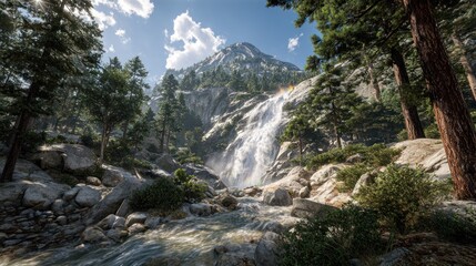 Majestic Mountain Waterfall Surrounded by Tall Pines in Forest Scene