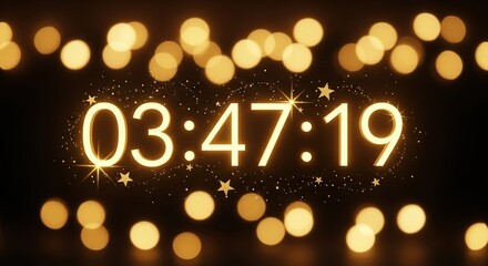 Elegant golden countdown timer glows with sparkling stars and bokeh lights, perfect for celebrations.