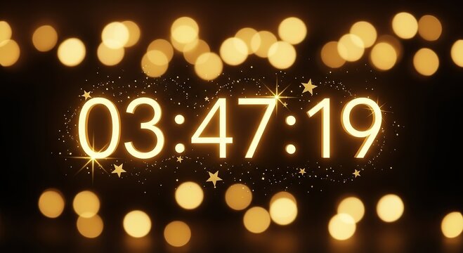 Elegant golden countdown timer glows with sparkling stars and bokeh lights, perfect for celebrations.
