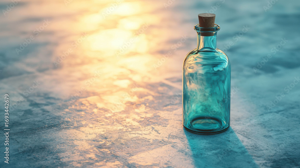 Poster glass bottle with cork standing on textured surface illuminated by warm sunlight creating beautiful 
