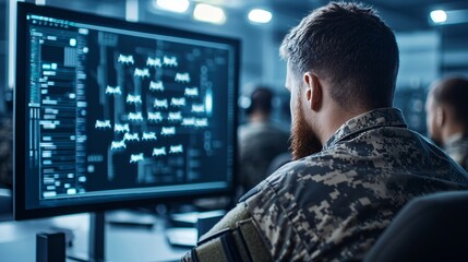 Medium wide shot of soldiers monitoring holographic projection of drone swarm path inside military control room.