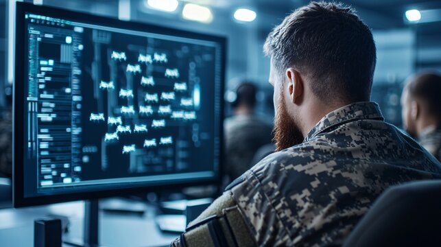 Medium wide shot of soldiers monitoring holographic projection of drone swarm path inside military control room.