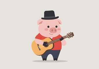 Cartoon Pig Musician Playing Guitar with Hat