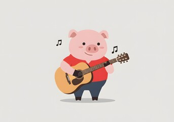 Cute Cartoon Pig Playing Guitar with Musical Notes