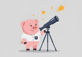 Cartoon Pig Looking Through Telescope at Stars