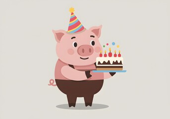 Cute Pig Wearing Party Hat Holding Birthday Cake
