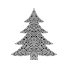 A black and white Christmas tree silhouette filled with an intricate Celtic knot design.