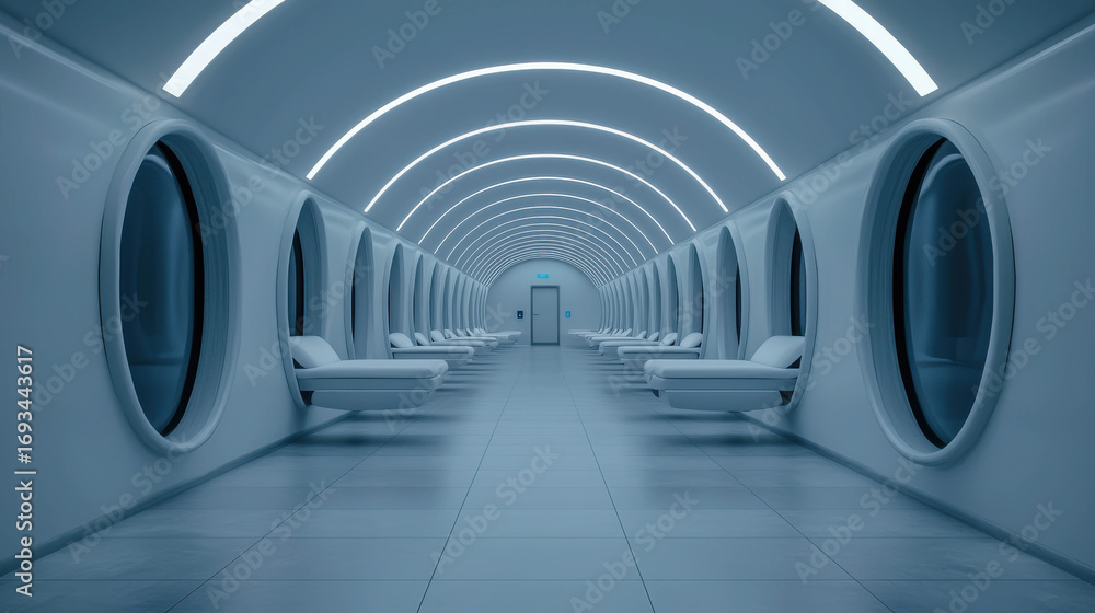 Poster Futuristic interior design of a sleek and modern corridor with smooth lines and circular windows illuminated by soft ambient lighting
