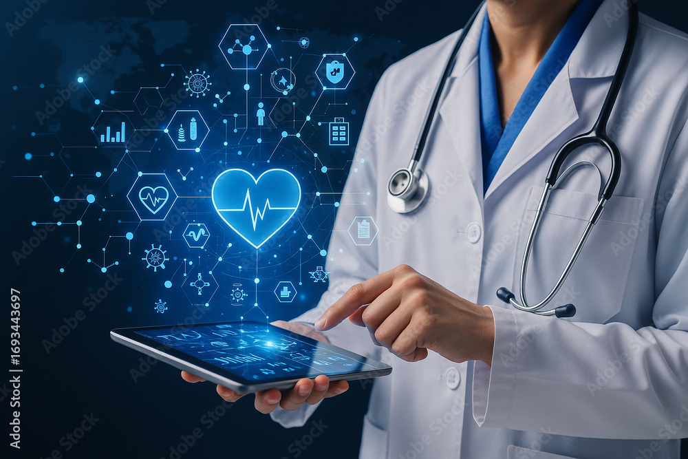 Aufkleber ai generated futuristic medical concept showing doctor with stethoscope using tablet projecting holo