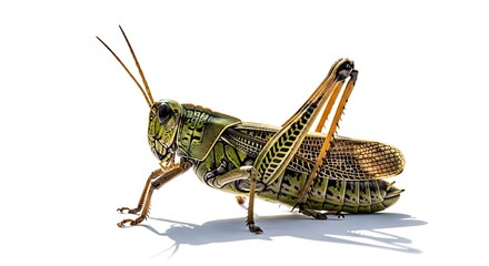 Fototapeta premium Detailed Closeup of a Green Grasshopper on White Background