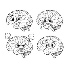 A collection of four cartoon brain characters expressing various emotions like happiness sadness anger and surprise.
