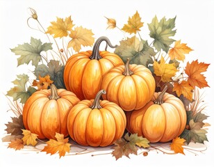 Pile of Orange Pumpkins with Autumn Leaves in Watercolor Painting Style on White