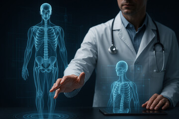 AI generated futuristic medical concept showing doctor in white coat using digital interface with glowing 3D holographic human skeleton symbolizing healthcare anatomy innovation and advanced diagnosis