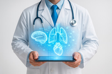AI generated futuristic medical scene showing doctor in white coat with stethoscope holding tablet projecting glowing holographic organs including brain heart lungs symbolizing healthcare innovation