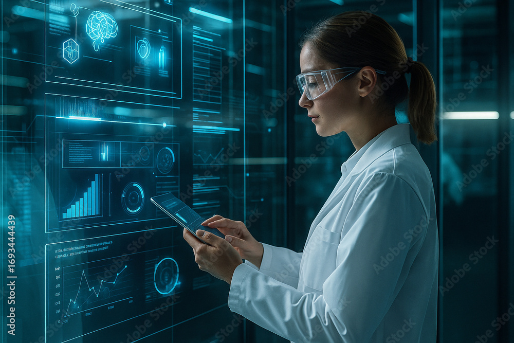 Poster ai generated futuristic scene of female scientist using tablet with glowing digital interface blue h