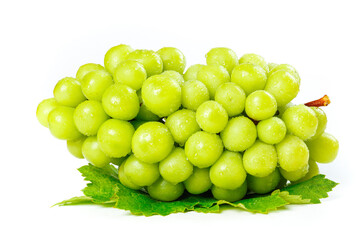 Fresh Green Grapes Bunch with Water Droplets and Vine Leaves on White Background