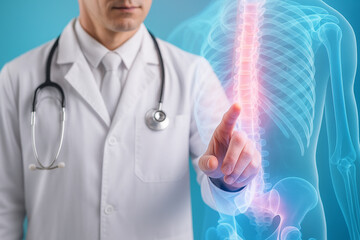 AI generated futuristic medical scene showing doctor in white coat with stethoscope interacting with glowing holographic spine and rib cage symbolizing digital healthcare diagnosis and innovation