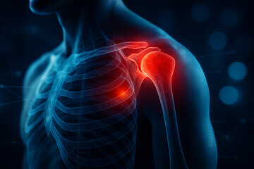 AI generated digital medical illustration of human shoulder joint glowing in red orange with holographic anatomy details futuristic sci fi style showing pain and advanced healthcare innovation