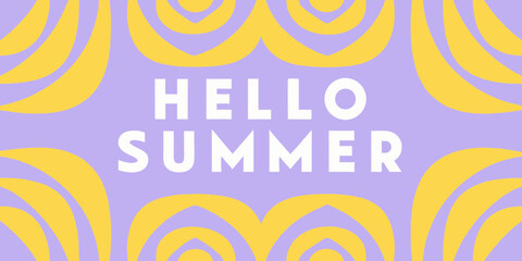 Bright and cheerful hello summer text with abstract yellow wavy shapes on a pastel purple background