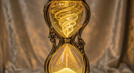 Captivating golden hourglass with swirling light captures timeless elegance and precious moments