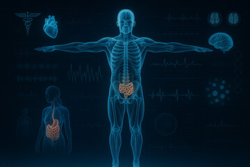 AI generated ultra realistic hologram of human body showing skeleton spine ribcage and digestive system with glowing blue neon futuristic medical interface and abstract scientific data elements
