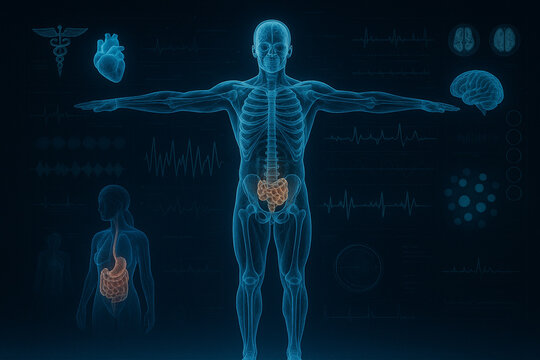 AI generated ultra realistic hologram of human body showing skeleton spine ribcage and digestive system with glowing blue neon futuristic medical interface and abstract scientific data elements