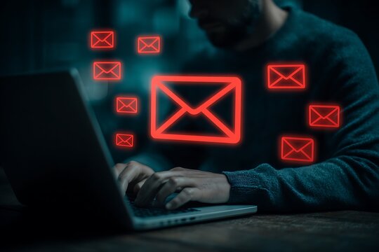 Businessman typing on laptop with warning email icons, representing email threat, phishing attack, malware, data breach, cybersecurity alert, scam message, spam risk, and online fraud protection.
