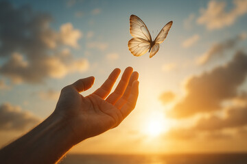 AI generated conceptual photography of a human hand releasing a delicate butterfly into glowing sunset sky symbolizing freedom peace hope emotional healing transformation and new beginnings