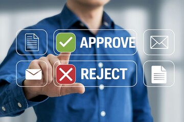 Approval and rejection interface concept with document icons and finger pressing green check mark. Ideal for digital workflow, decision making, business automation, and document review themes.