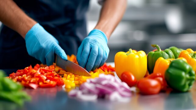 Food Prep by Gloved Hands, Kitchen Safety, Chef Preparing Ingredients with Gloves on Cutting Board in Restaurant - Copy Space Available - Powered by Adobe