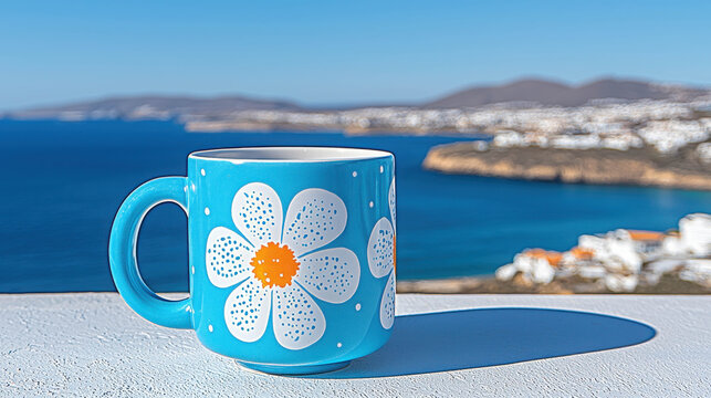 Colorful mug with floral design overlooking calm blue sea and rocky coastline on sunlit day with distant hills and white buildings in the background
