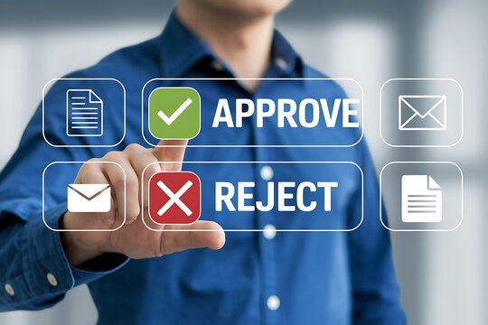 Approval and rejection interface concept with document icons and finger pressing green check mark. Ideal for digital workflow, decision making, business automation, and document review themes.